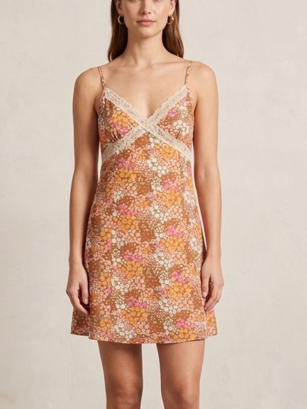 Aeropostale Rust Floral Lace-Trim Slip Dress